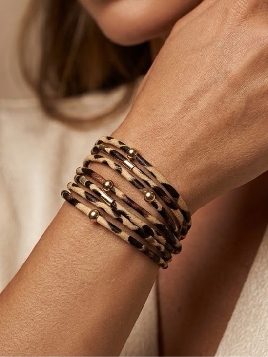 Free People Jewelry - Leopard Print Multi-Wrap Leather Bracelet with Gold Beads B04-03